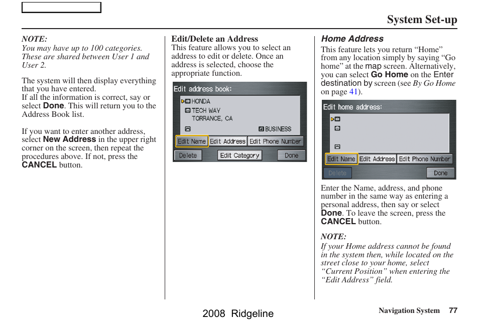 System set-up, 2008 ridgeline | HONDA 2008 Ridgeline Navigation User Manual | Page 77 / 135