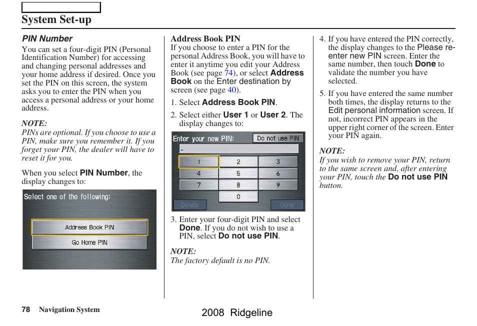 System set-up, 2008 ridgeline | HONDA 2008 Ridgeline Navigation User Manual | Page 78 / 135