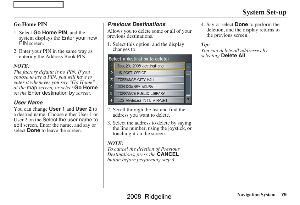 System set-up, 2008 ridgeline | HONDA 2008 Ridgeline Navigation User Manual | Page 79 / 135