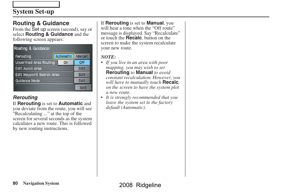 System set-up | HONDA 2008 Ridgeline Navigation User Manual | Page 80 / 135