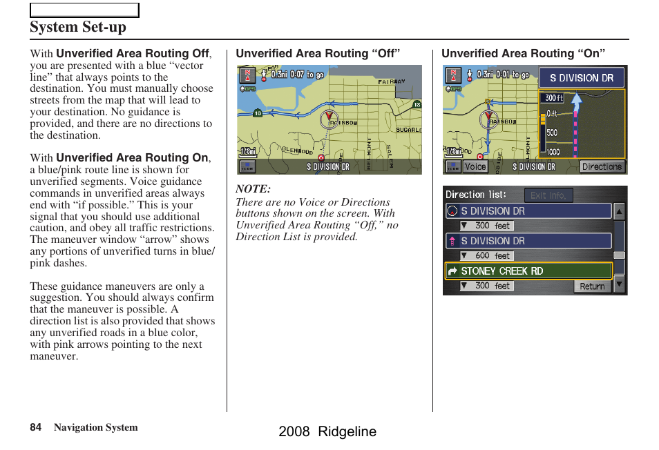 System set-up, 2008 ridgeline | HONDA 2008 Ridgeline Navigation User Manual | Page 84 / 135