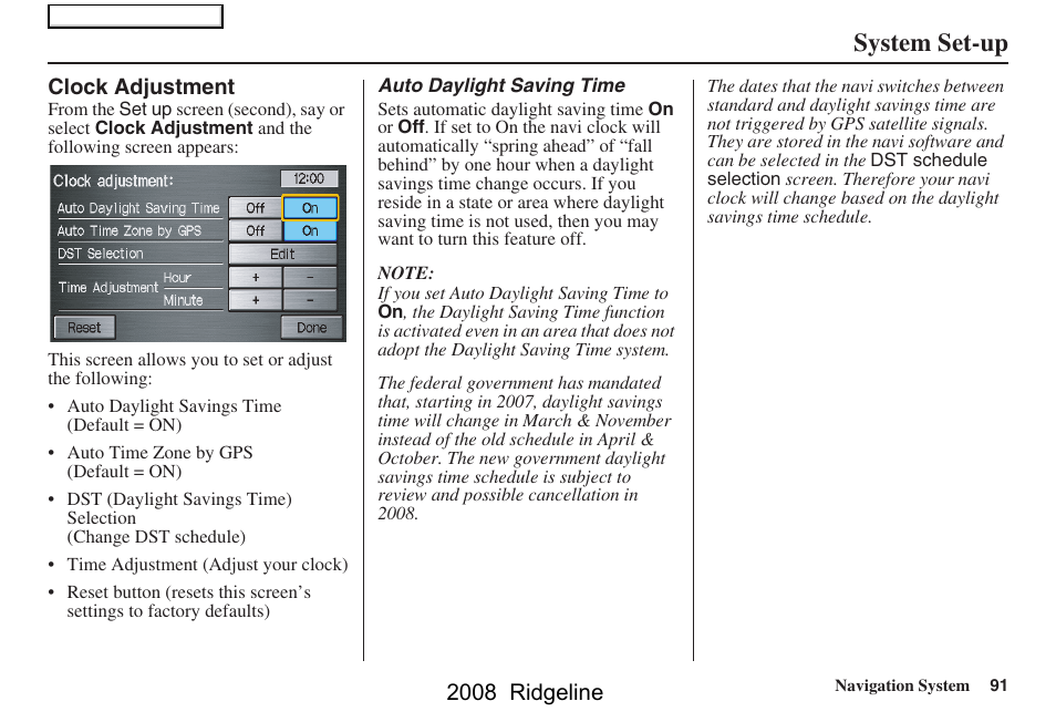 System set-up, 2008 ridgeline | HONDA 2008 Ridgeline Navigation User Manual | Page 91 / 135