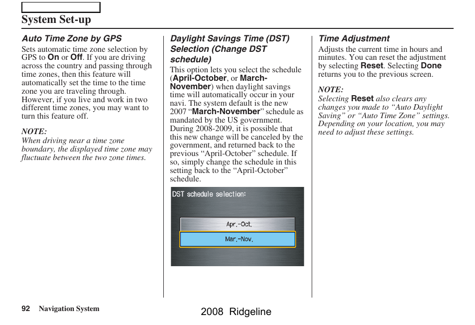 System set-up, 2008 ridgeline | HONDA 2008 Ridgeline Navigation User Manual | Page 92 / 135