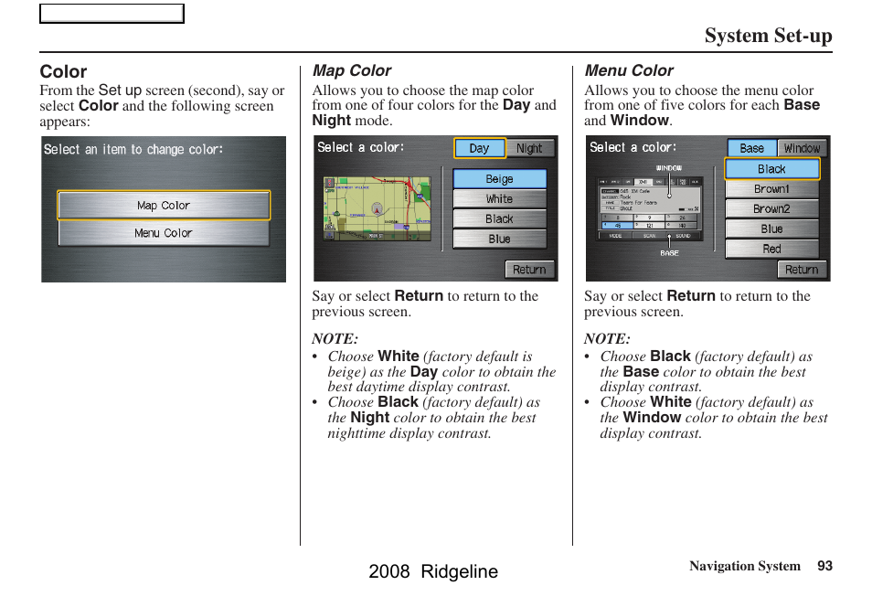 System set-up, 2008 ridgeline | HONDA 2008 Ridgeline Navigation User Manual | Page 93 / 135