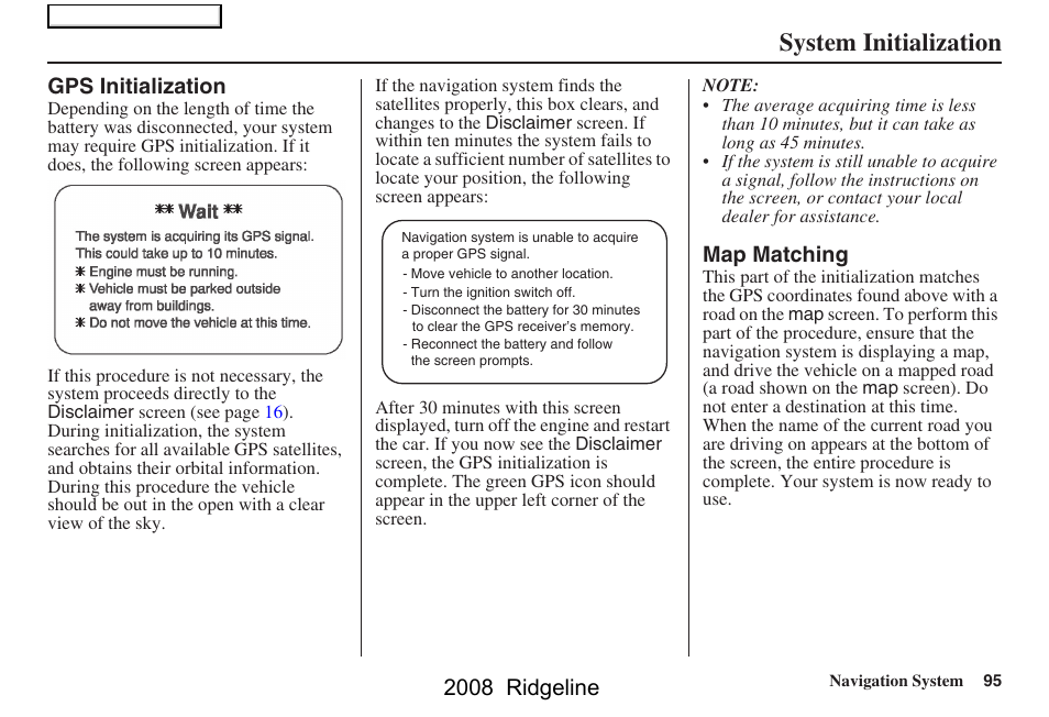 System initialization, 2008 ridgeline | HONDA 2008 Ridgeline Navigation User Manual | Page 95 / 135