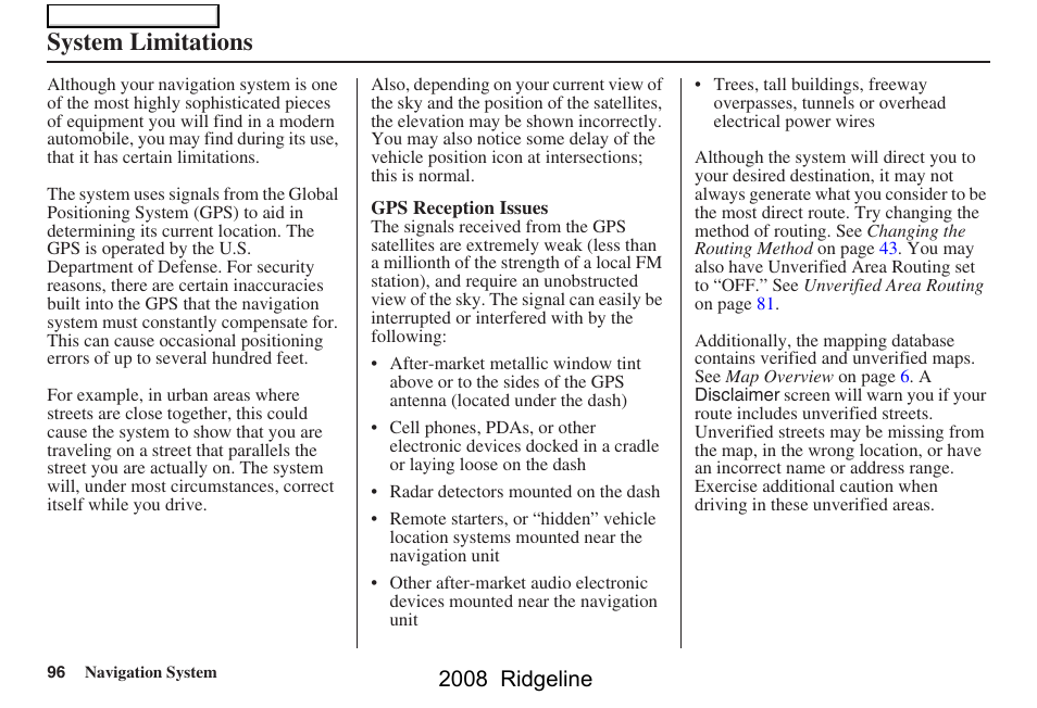System limitations, 2008 ridgeline | HONDA 2008 Ridgeline Navigation User Manual | Page 96 / 135