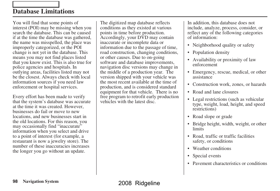 Database limitations, 2008 ridgeline | HONDA 2008 Ridgeline Navigation User Manual | Page 98 / 135