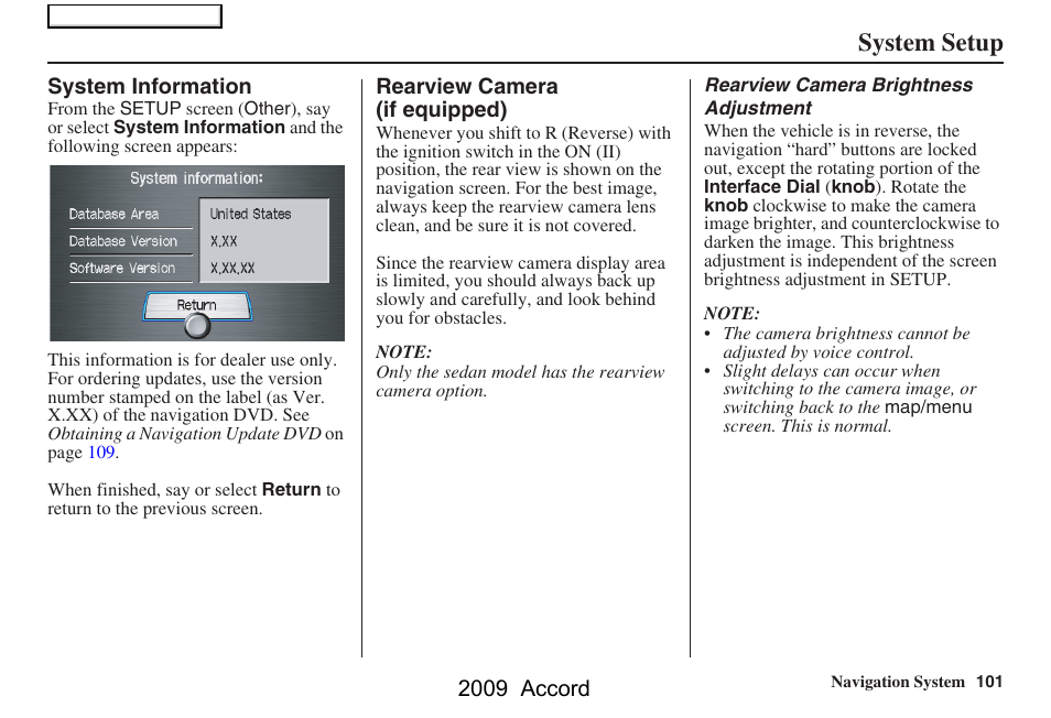 System setup, 2009 accord | HONDA 2009 Accord Navigation User Manual | Page 101 / 154