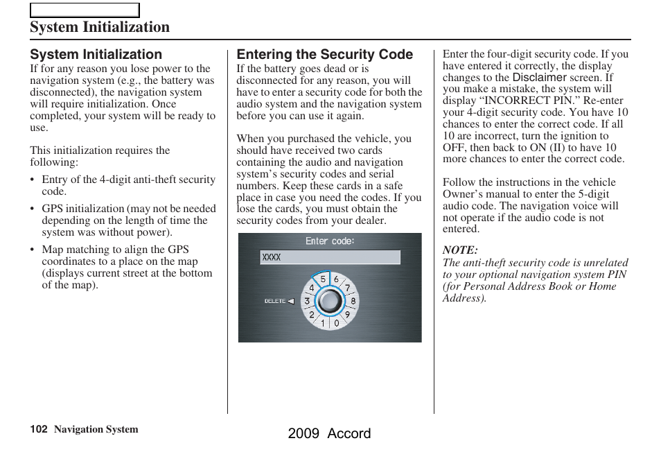 System initialization | HONDA 2009 Accord Navigation User Manual | Page 102 / 154