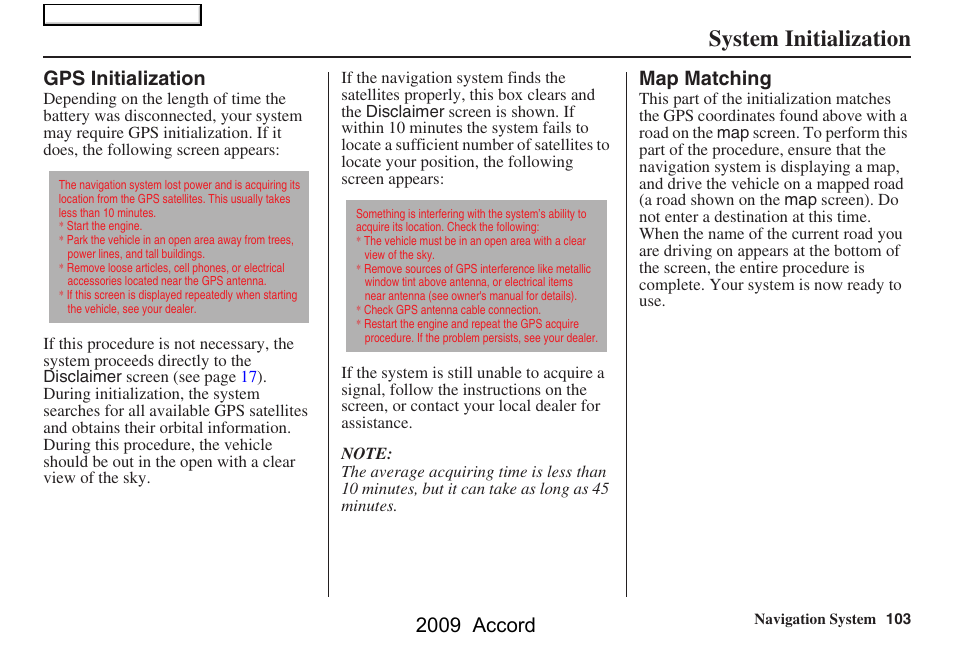 System initialization, 2009 accord | HONDA 2009 Accord Navigation User Manual | Page 103 / 154
