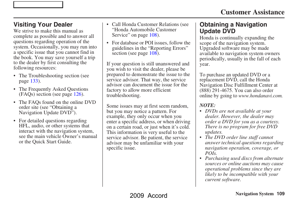 Customer assistance, 2009 accord | HONDA 2009 Accord Navigation User Manual | Page 109 / 154
