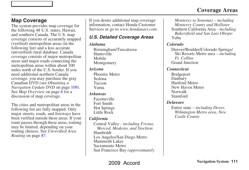 Coverage areas, 2009 accord | HONDA 2009 Accord Navigation User Manual | Page 111 / 154