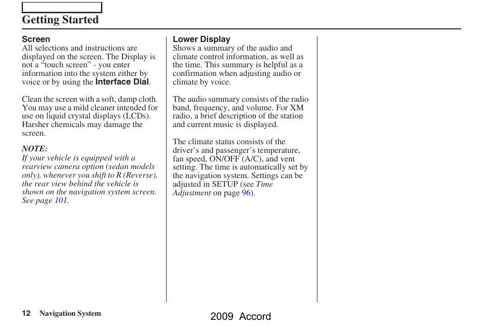 Getting started, 2009 accord | HONDA 2009 Accord Navigation User Manual | Page 12 / 154