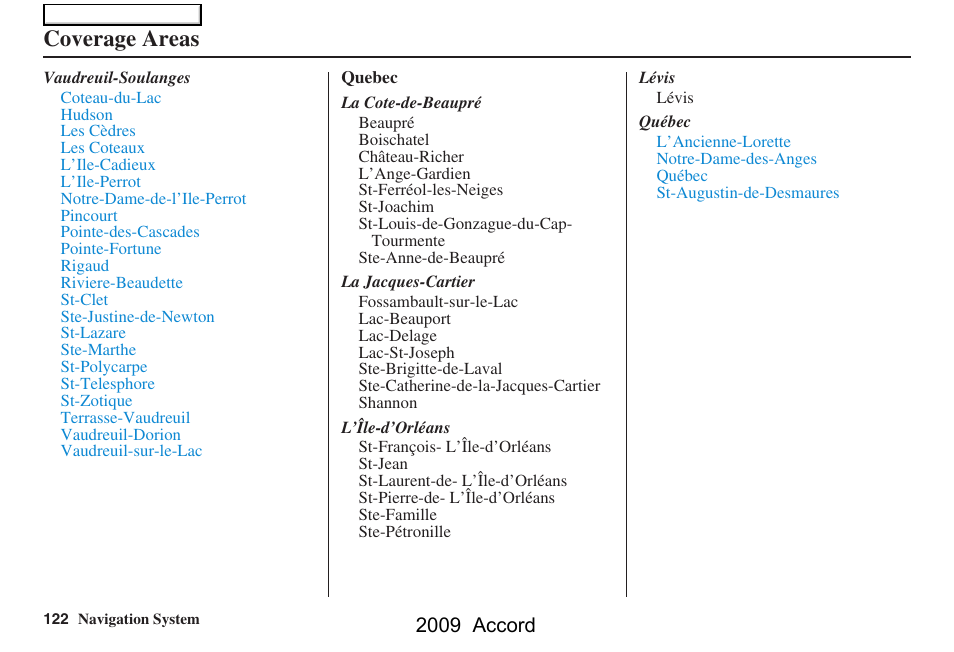 Coverage areas, 2009 accord | HONDA 2009 Accord Navigation User Manual | Page 122 / 154