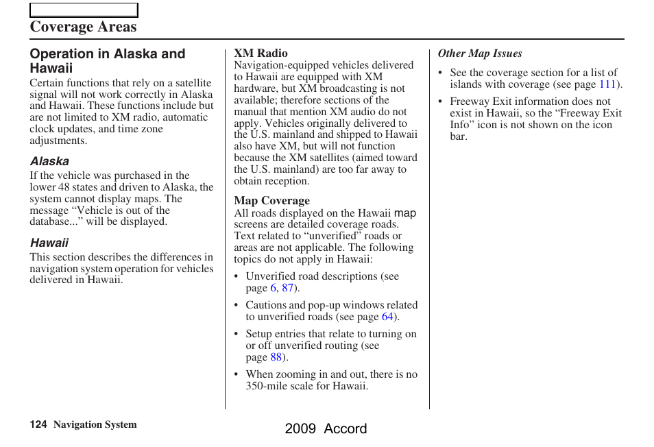 Coverage areas, 2009 accord | HONDA 2009 Accord Navigation User Manual | Page 124 / 154