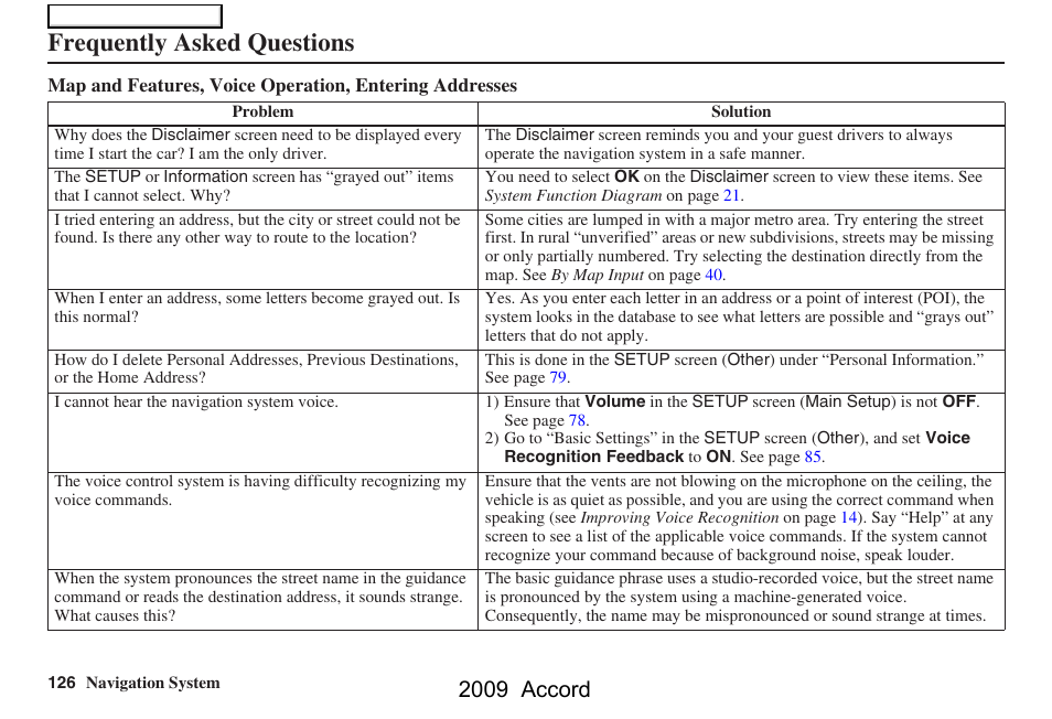 Frequently asked questions, 2009 accord | HONDA 2009 Accord Navigation User Manual | Page 126 / 154
