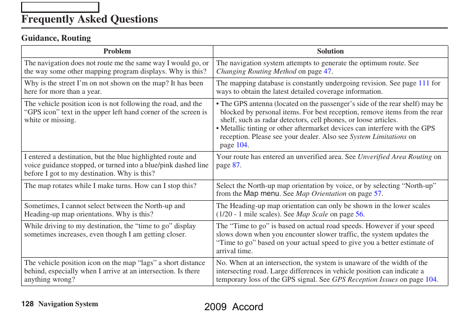 Frequently asked questions, 2009 accord | HONDA 2009 Accord Navigation User Manual | Page 128 / 154