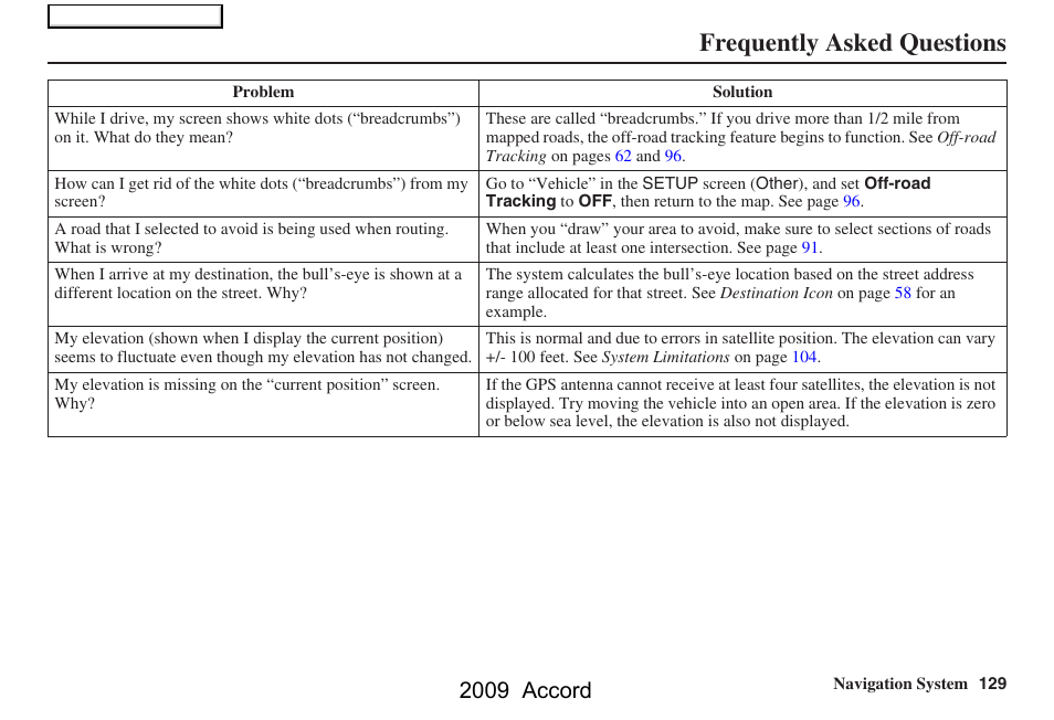 Frequently asked questions, 2009 accord | HONDA 2009 Accord Navigation User Manual | Page 129 / 154