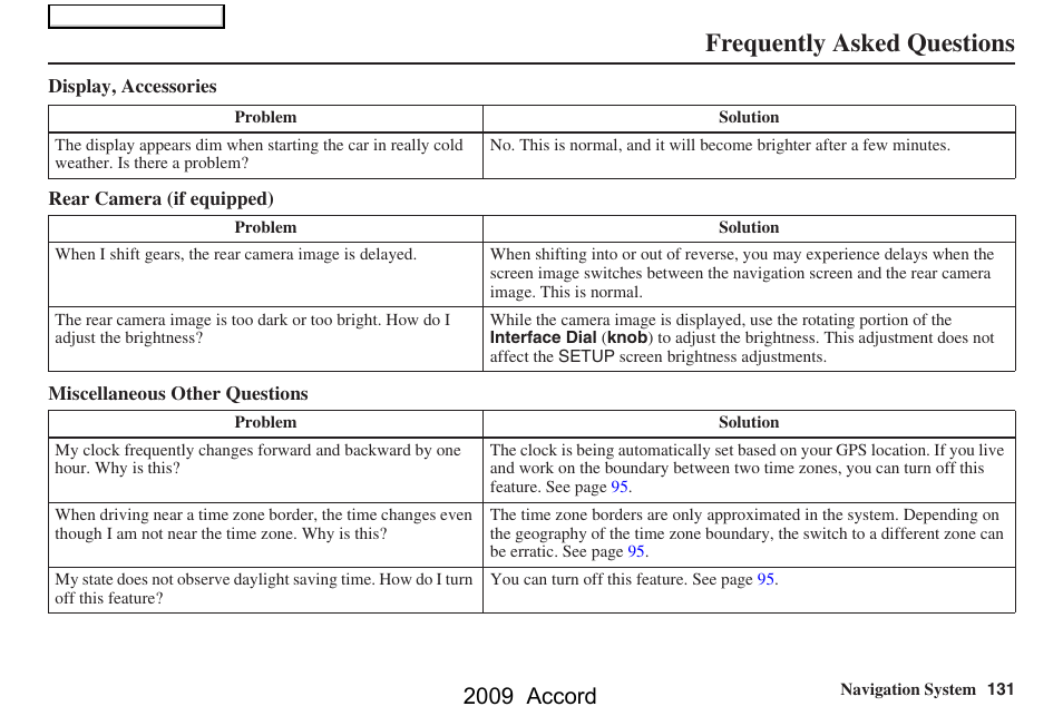 Frequently asked questions, 2009 accord | HONDA 2009 Accord Navigation User Manual | Page 131 / 154