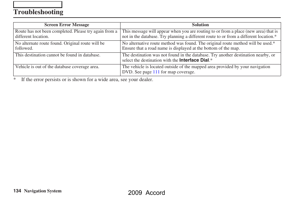 Troubleshooting, 2009 accord | HONDA 2009 Accord Navigation User Manual | Page 134 / 154