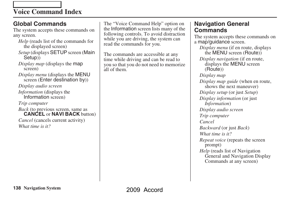 Voice command index, 2009 accord | HONDA 2009 Accord Navigation User Manual | Page 138 / 154