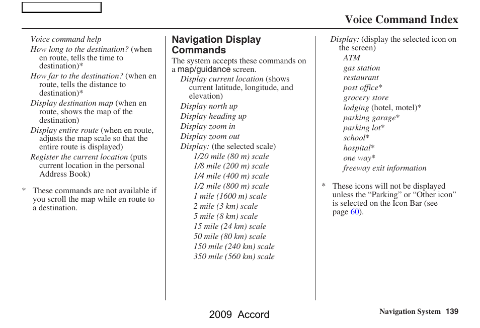 Voice command index, 2009 accord | HONDA 2009 Accord Navigation User Manual | Page 139 / 154