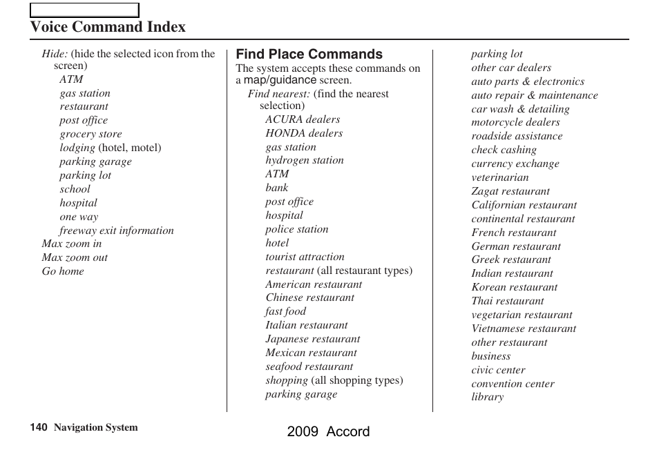 Voice command index | HONDA 2009 Accord Navigation User Manual | Page 140 / 154