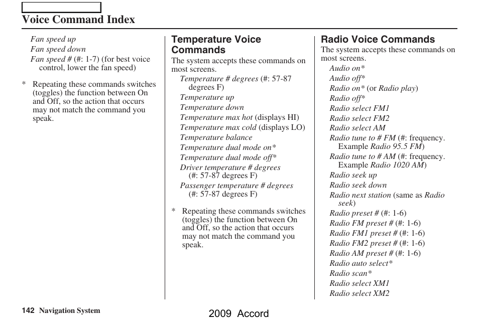 Voice command index, 2009 accord | HONDA 2009 Accord Navigation User Manual | Page 142 / 154