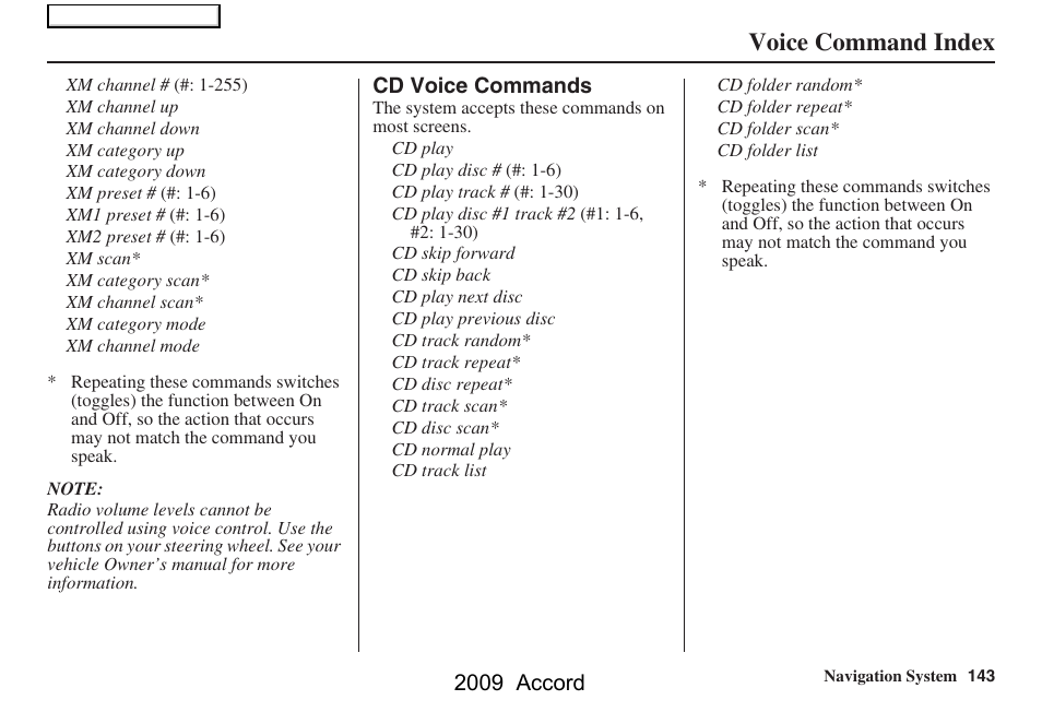 Voice command index, 2009 accord | HONDA 2009 Accord Navigation User Manual | Page 143 / 154
