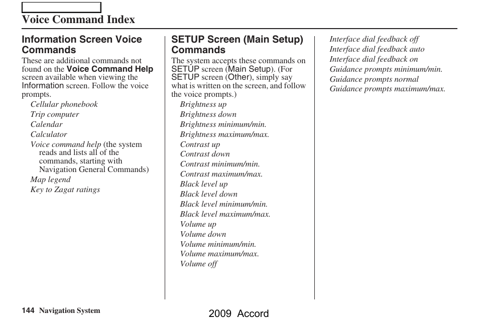 Voice command index | HONDA 2009 Accord Navigation User Manual | Page 144 / 154