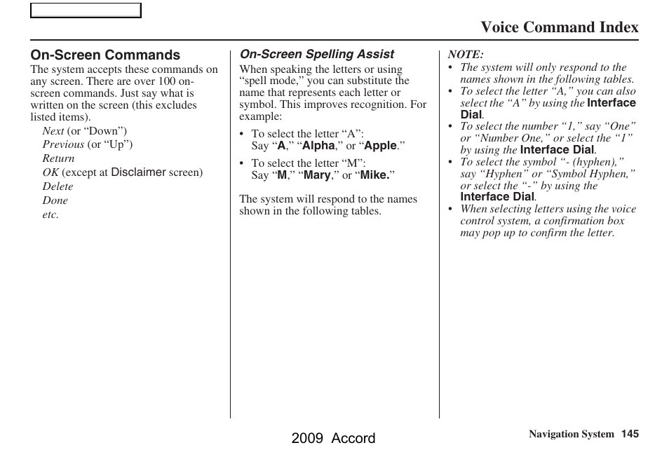 Voice command index, 2009 accord | HONDA 2009 Accord Navigation User Manual | Page 145 / 154
