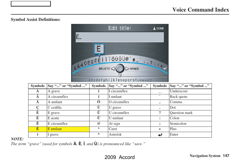 Voice command index, 2009 accord | HONDA 2009 Accord Navigation User Manual | Page 147 / 154