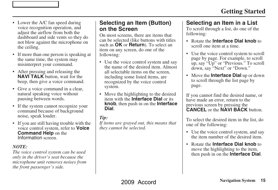 Getting started, 2009 accord | HONDA 2009 Accord Navigation User Manual | Page 15 / 154