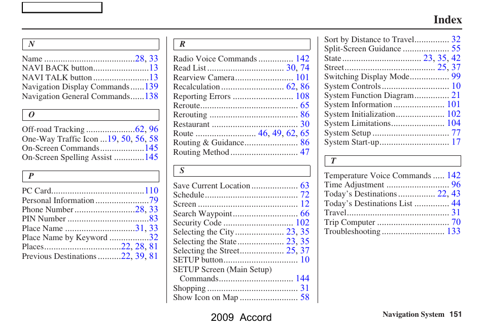 Index | HONDA 2009 Accord Navigation User Manual | Page 151 / 154