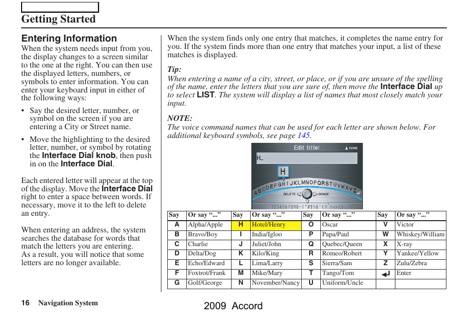 Getting started, 2009 accord, Entering information | HONDA 2009 Accord Navigation User Manual | Page 16 / 154