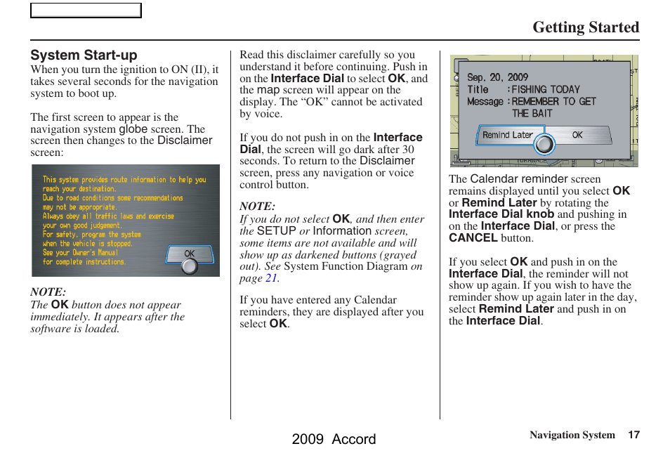 Getting started, 2009 accord | HONDA 2009 Accord Navigation User Manual | Page 17 / 154