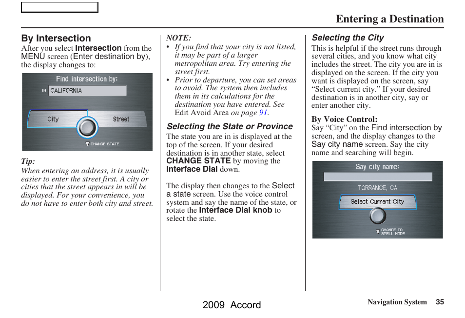 Entering a destination, 2009 accord | HONDA 2009 Accord Navigation User Manual | Page 35 / 154