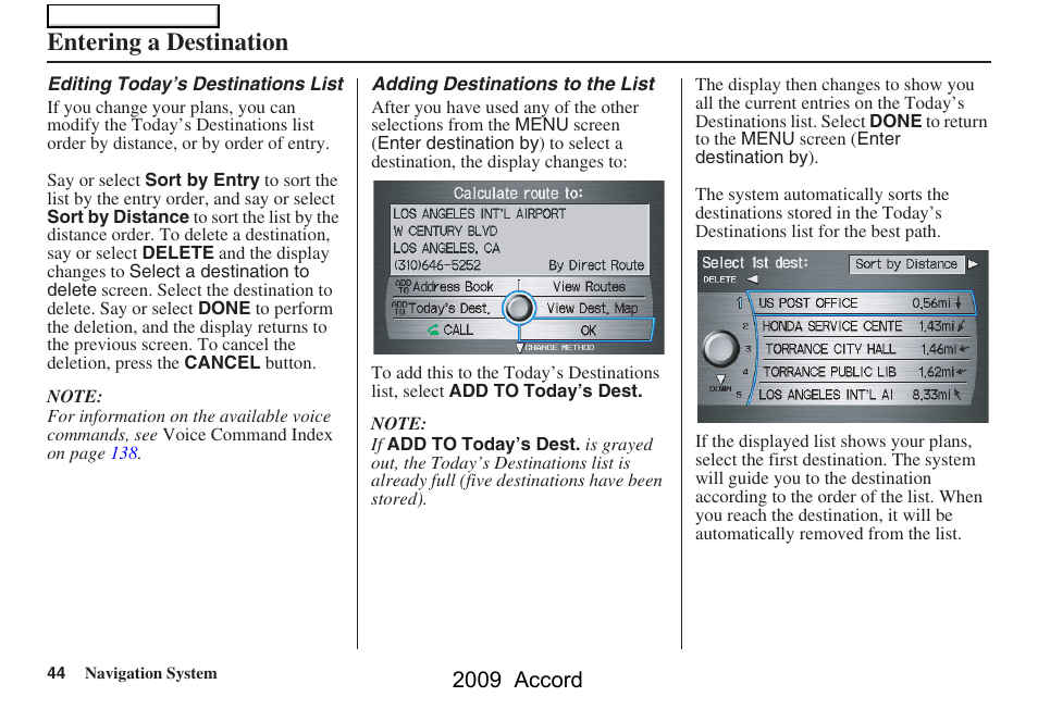 Entering a destination, 2009 accord | HONDA 2009 Accord Navigation User Manual | Page 44 / 154