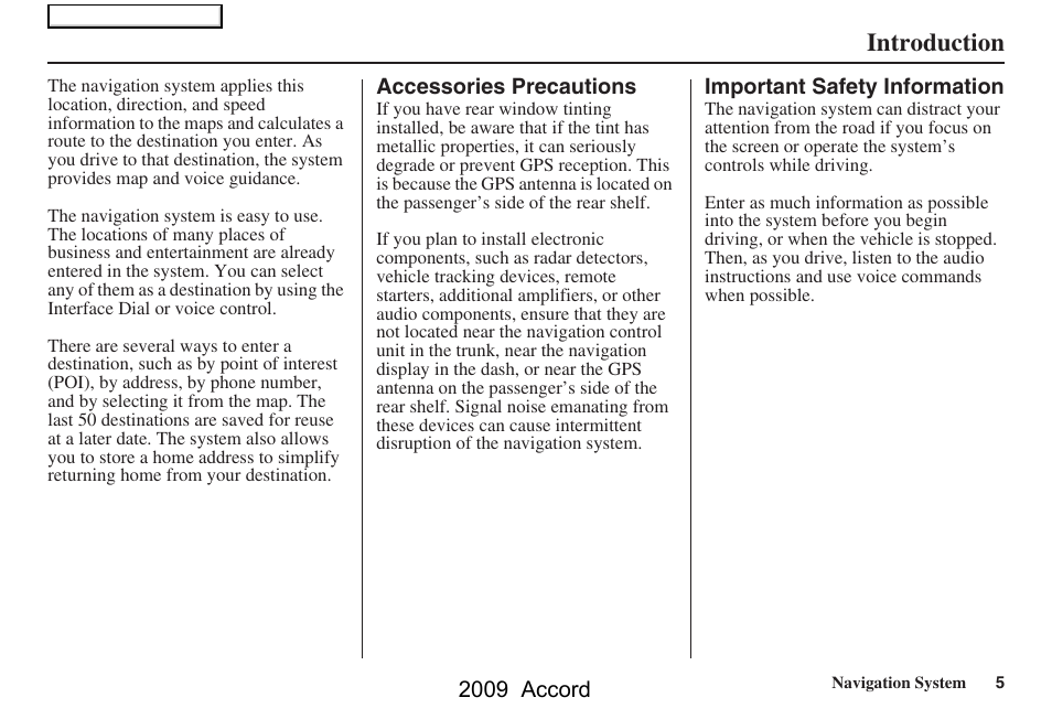 Introduction | HONDA 2009 Accord Navigation User Manual | Page 5 / 154