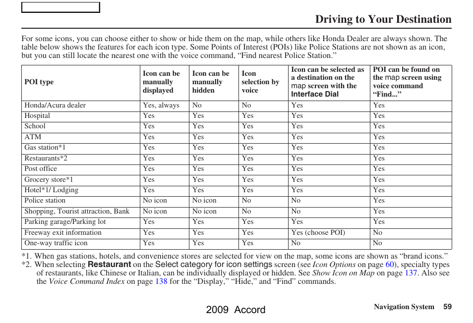 Driving to your destination, 2009 accord | HONDA 2009 Accord Navigation User Manual | Page 59 / 154