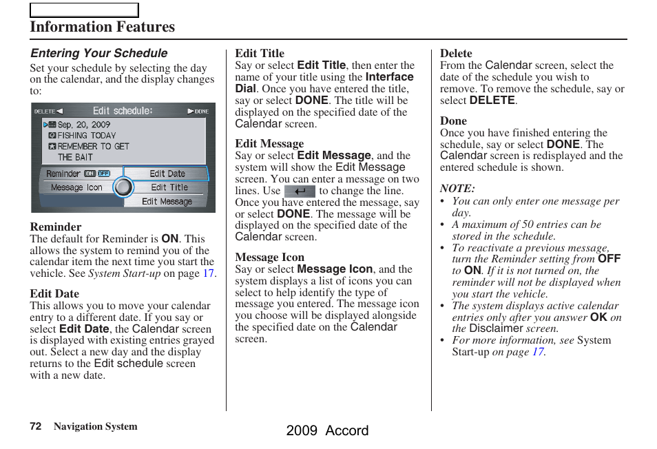 Information features, 2009 accord | HONDA 2009 Accord Navigation User Manual | Page 72 / 154