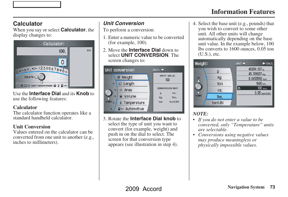 Information features, 2009 accord | HONDA 2009 Accord Navigation User Manual | Page 73 / 154