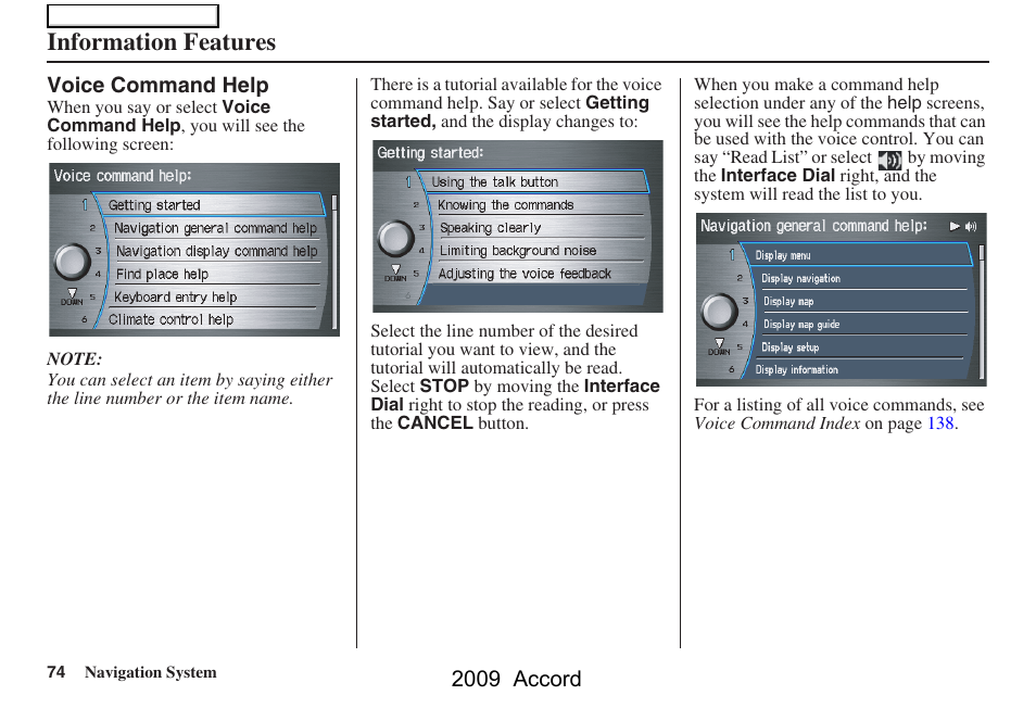 Information features, 2009 accord | HONDA 2009 Accord Navigation User Manual | Page 74 / 154