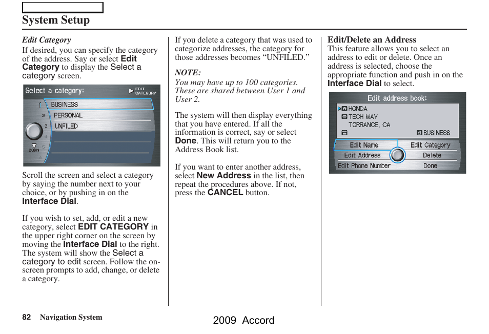 System setup, 2009 accord | HONDA 2009 Accord Navigation User Manual | Page 82 / 154