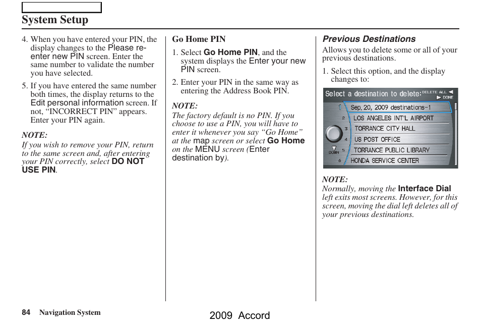 System setup, 2009 accord | HONDA 2009 Accord Navigation User Manual | Page 84 / 154