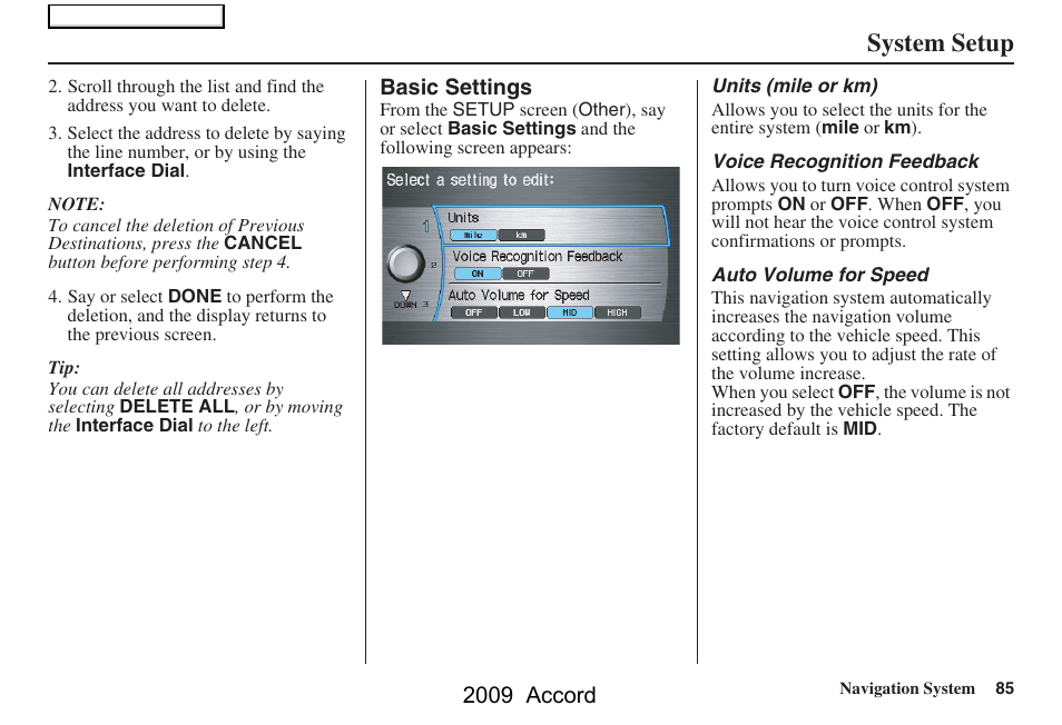 System setup, 2009 accord | HONDA 2009 Accord Navigation User Manual | Page 85 / 154