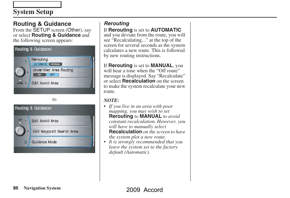 System setup | HONDA 2009 Accord Navigation User Manual | Page 86 / 154