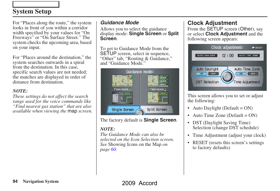 System setup, 2009 accord | HONDA 2009 Accord Navigation User Manual | Page 94 / 154