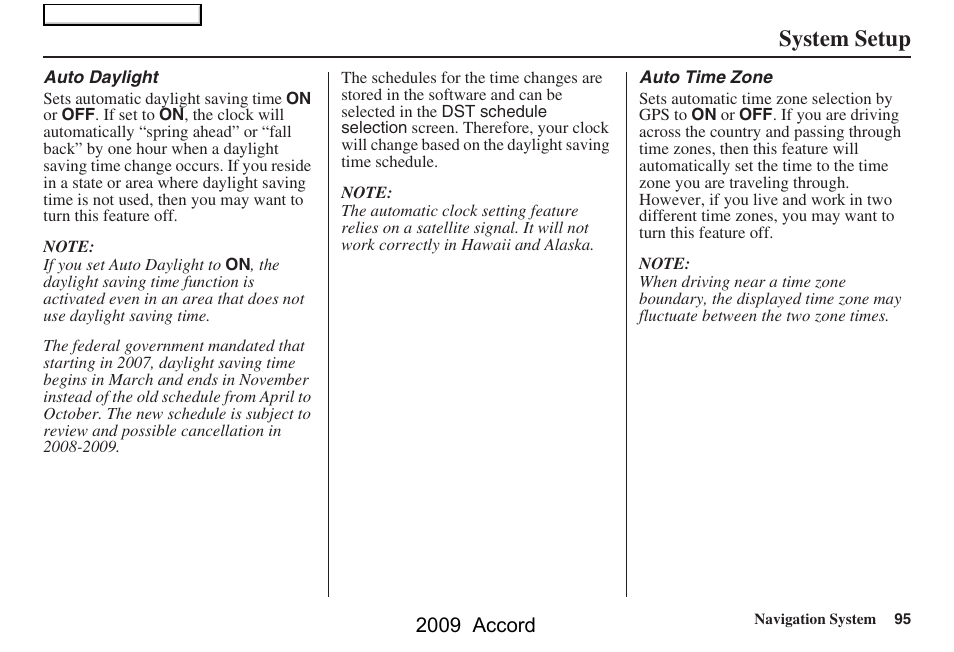 System setup, 2009 accord | HONDA 2009 Accord Navigation User Manual | Page 95 / 154