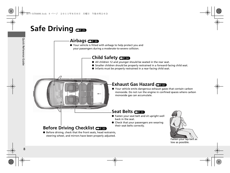 Safe driving (p 25), Safe driving, Airbags | Child safety, Exhaust gas hazard, Before driving checklist, Seat belts | HONDA 2012 CR-V User Manual | Page 10 / 384